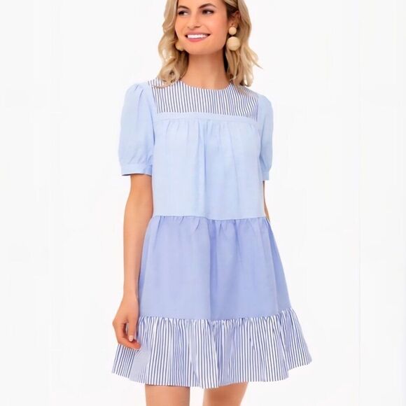 New ENGLISH FACTORY - XS Women's Quinn Dress Tier Mini Swing Blue Tuckernuck - Picture 1 of 9